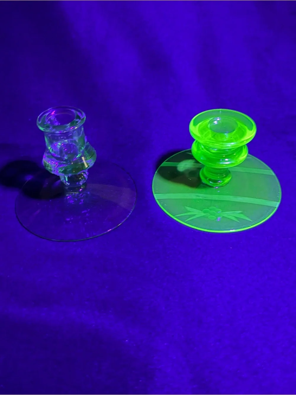 Mismatched Fostoria pair of Green Glass Candle Holders, one etched glows,